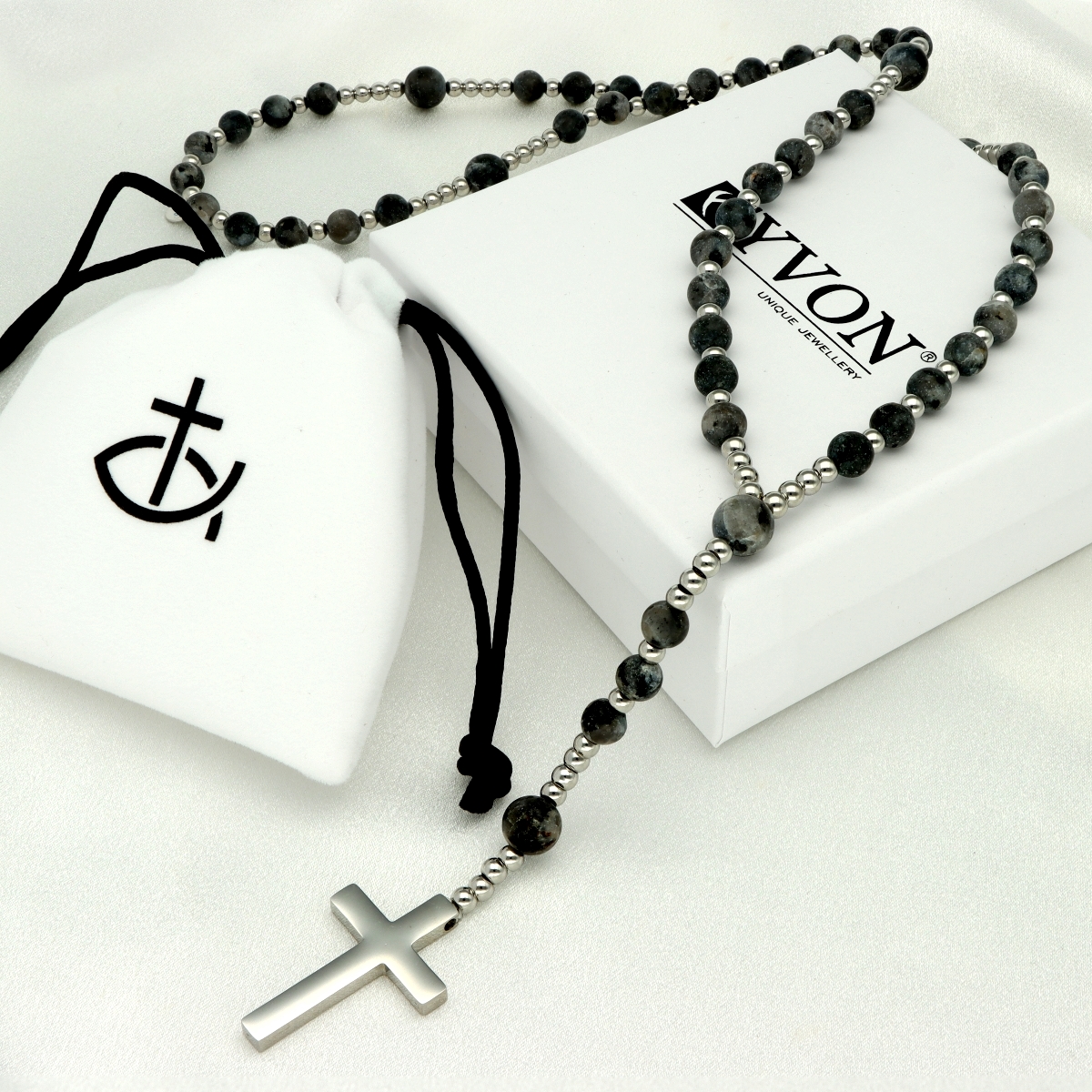 Růženec z nerezové oceli a přírodních kamenů ROZ244